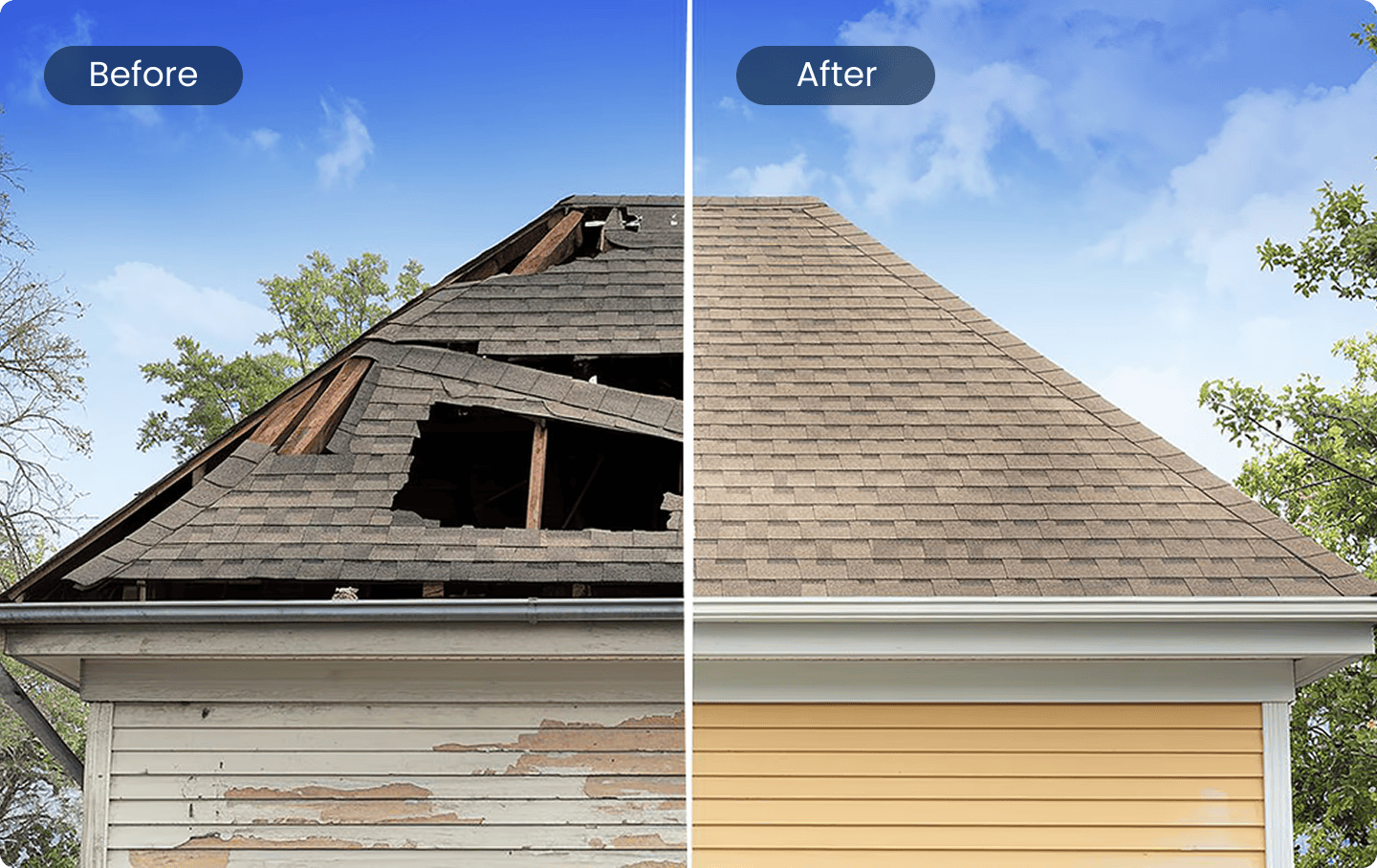 Before-and-after of a damaged shingle roof repaired with new shingles | Blue Rock Roofing & Construction | Best roofing and remodeling in Fort Mill, SC