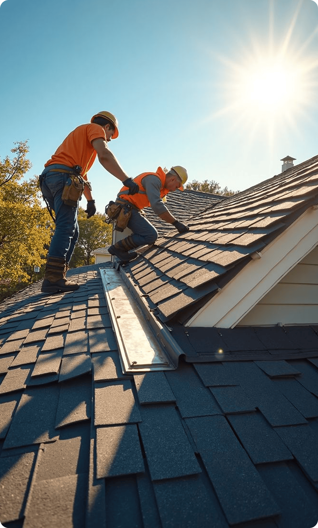 Two roofers in high-visibility gear installing architectural shingles | Blue Rock Roofing & Construction | Best roofing in Fort Mill, SC
