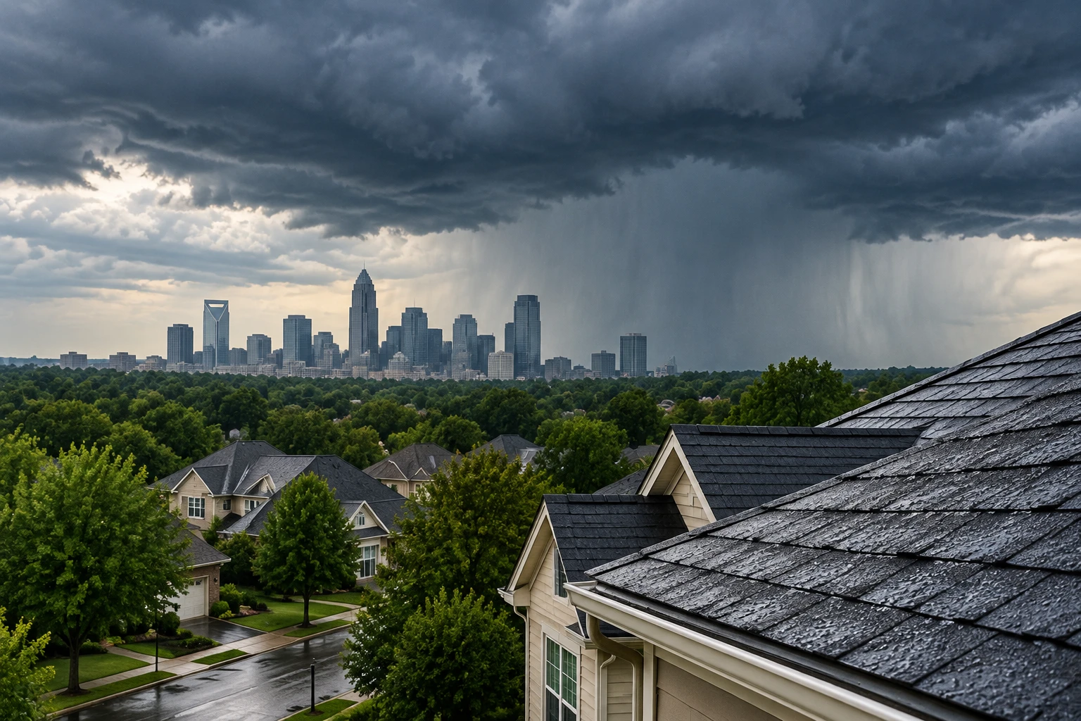 Residential roof exposed to storm weather conditions in Charlotte