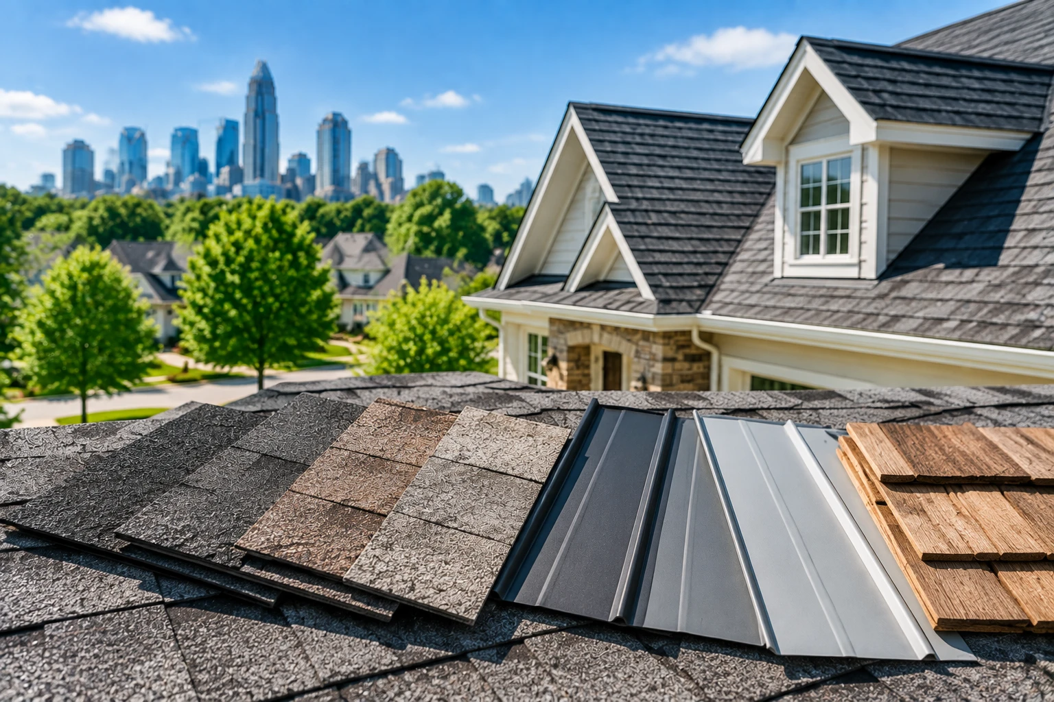 Different roofing materials displayed for Charlotte homeowners