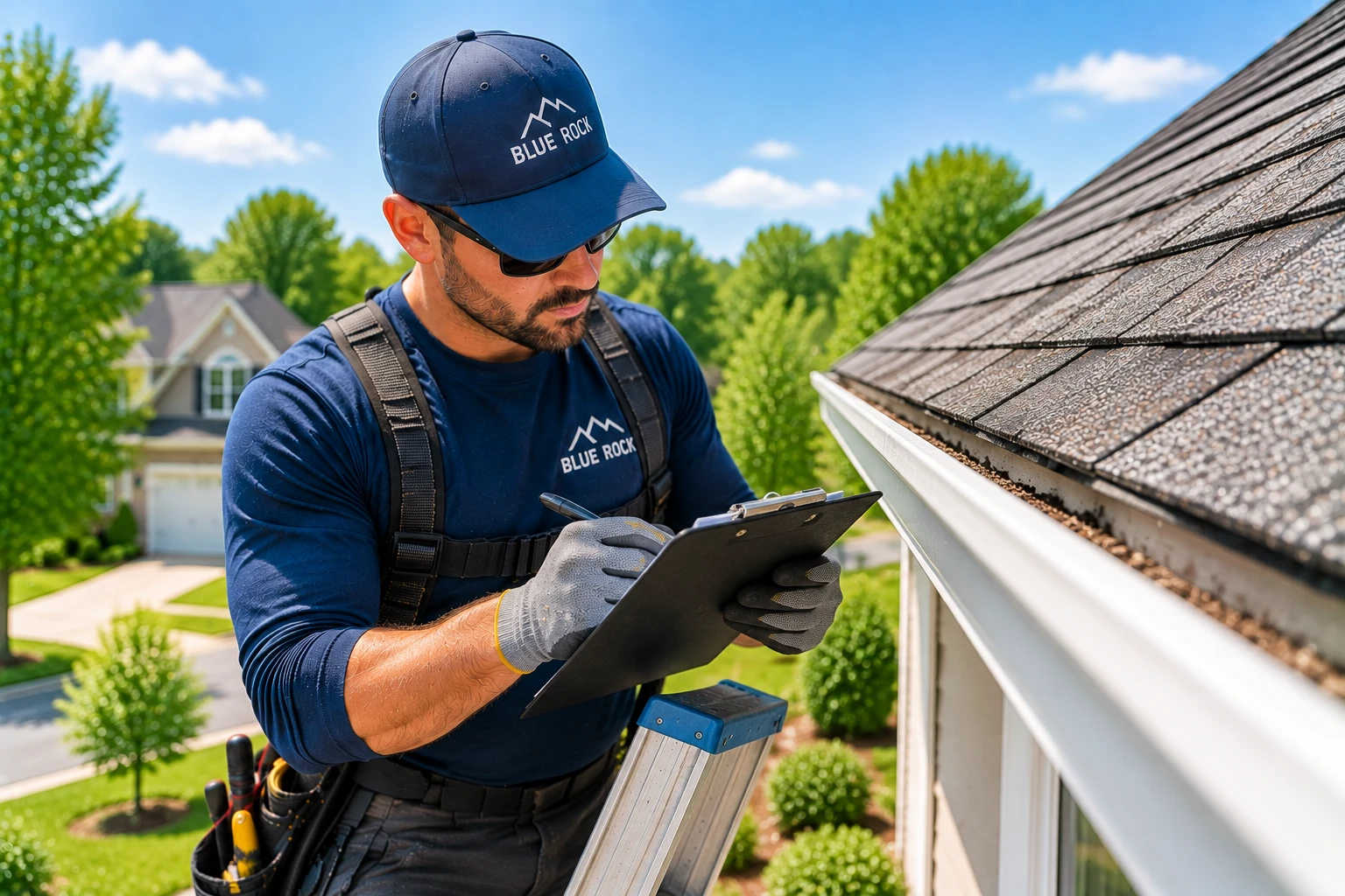 Professional roofing contractor reviewing project details at a home