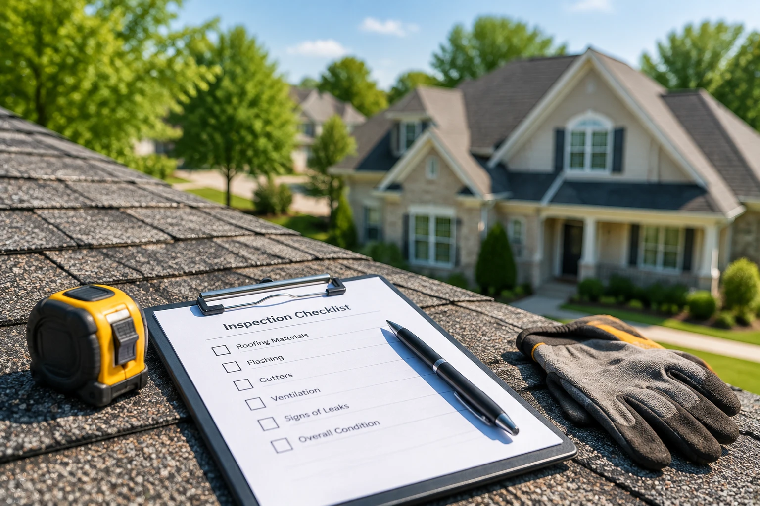Roofing inspection tools and checklist on a residential roof
