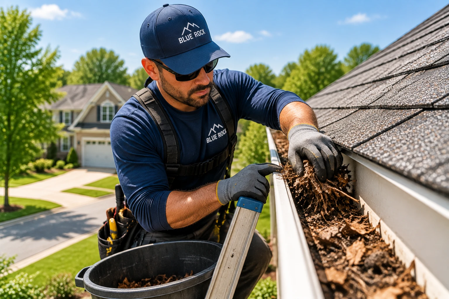 Roofing technician inspecting gutters and roof maintenance areas