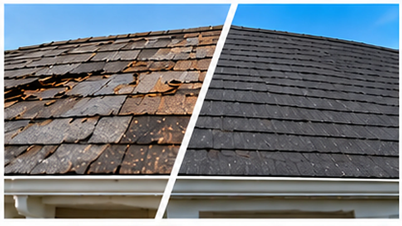 Comparison of damaged roof and restored roof for repair versus replacement