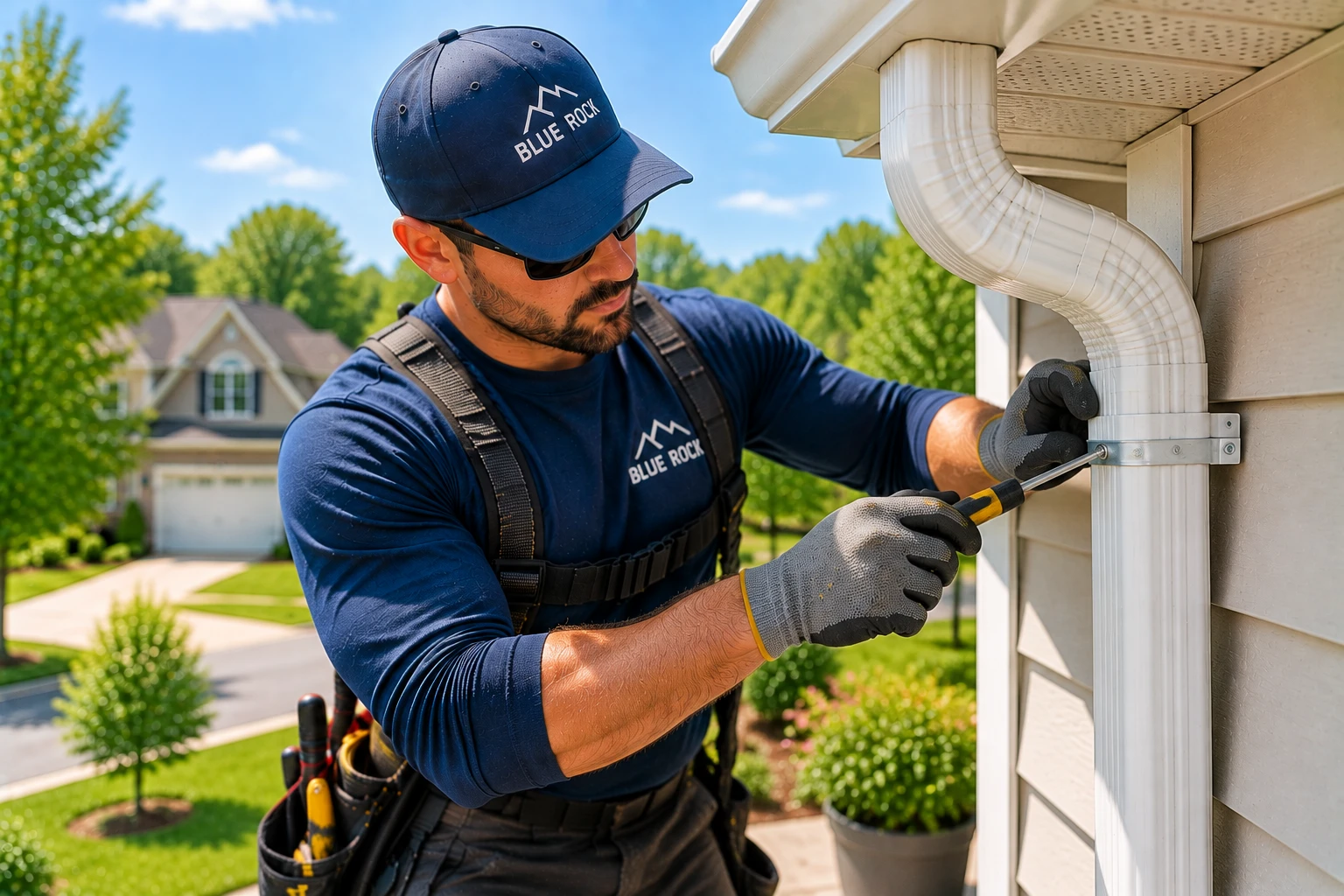Roofing contractor reviewing project planning details near a home