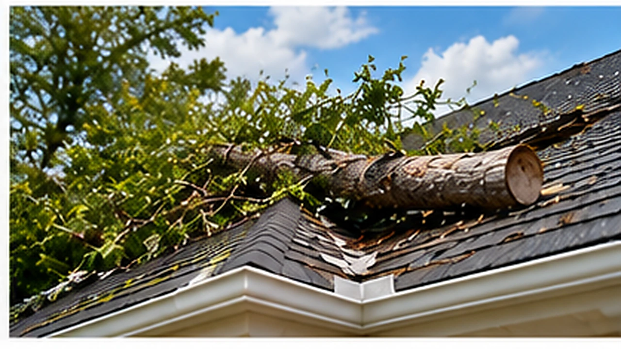 Storm damaged residential roof after severe weather