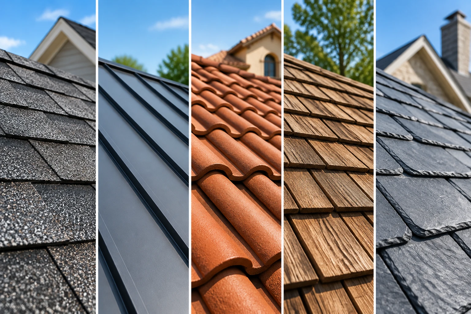 Different residential roofing materials including shingles and metal roofing